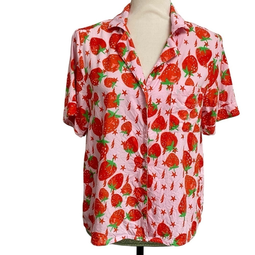 ASOS DESIGN Pink Strawberry Print Modal Pajama Shirt Top Button Front US 8
